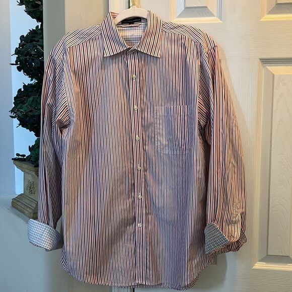 Saks Fifth Avenue Men’s M button-down dress shirt with plaid accent cuffs - Picture 1 of 15